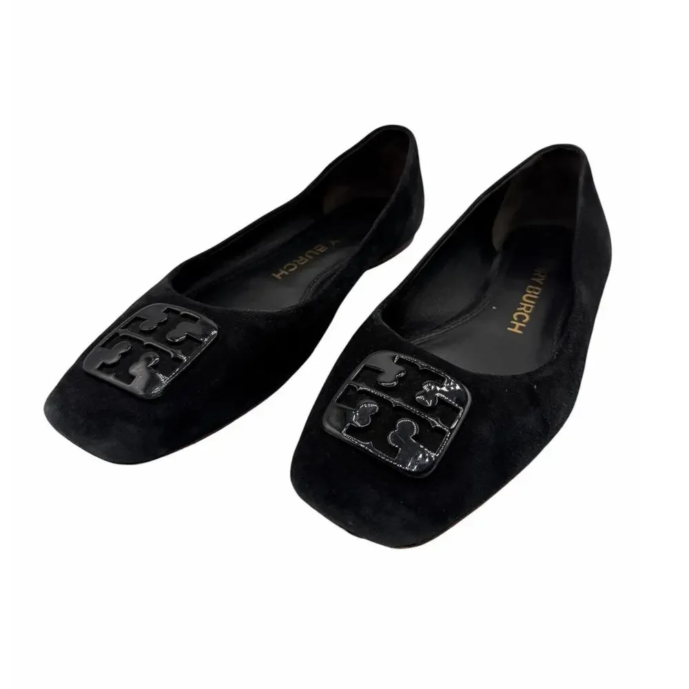 Tory Burch Gigi Ballet Flats Black Suede Square Toe Logo Size 8 Quiet Luxury